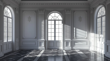 Classic interior of empty room with windows and parquet floor. 3D rendering