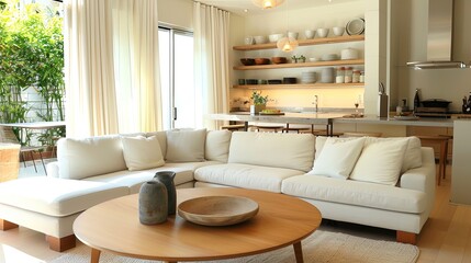 Interior of modern living room with white sofa and wooden coffee table, ai generative