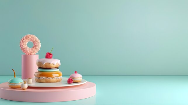 3d render of donut and cake on pastel background, ai generative