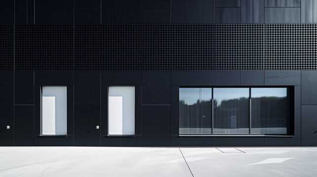3D render of a modern office building with black walls and floor