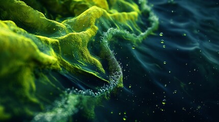 a vibrant green liquid gel being poured over a deep navy blue backdrop in a dynamic scene. 