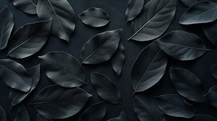 A flat lay of abstract black leaves on a background that mimics black velvet. The soft texture of the velvet contrasts with the sharp edges of the leaves, creating a play of light and shadow. 8k
