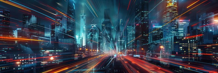 Fototapeta na wymiar Futuristic highway with glowing blue traffic data and smart city concept. Background for technological processes, science, presentations, etc
