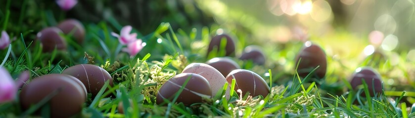 Easter Egg Hunt, Discover Hidden Chocolate Eggs in the Spring Garden - obrazy, fototapety, plakaty