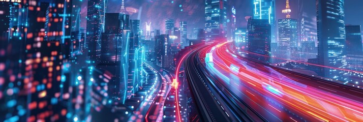 Futuristic highway with glowing blue traffic data and smart city concept. Background for technological processes, science, presentations, etc