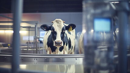 Dairy cow is being milked in cow milking facility. - obrazy, fototapety, plakaty