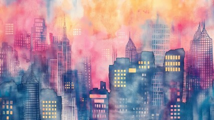 A pattern featuring loosely painted watercolor buildings and cityscapes