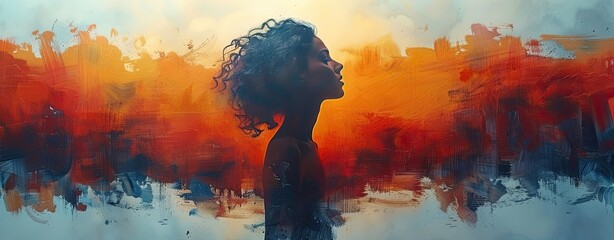 Digital composite of Side view of woman against orange and blue watercolor. World Mental Health Day