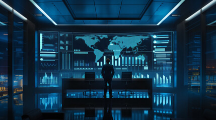 A single businessperson analyzing data on a large digital screen, surrounded by graphs and charts in a high-tech office. .