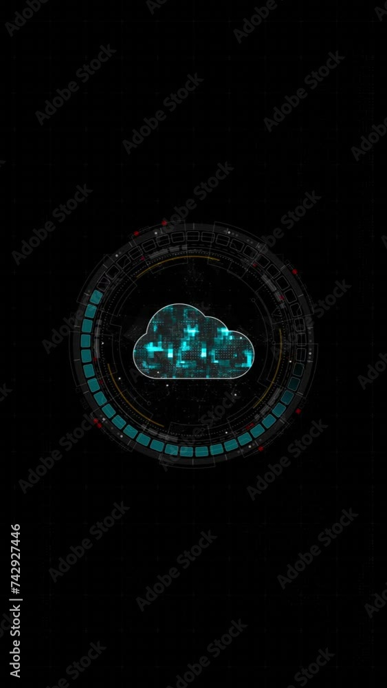 Poster motion graphic of blue digital cloud computing logo and circle futuristic hud elements with storage 