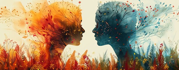 Double exposure of woman and man face and autumn nature background
