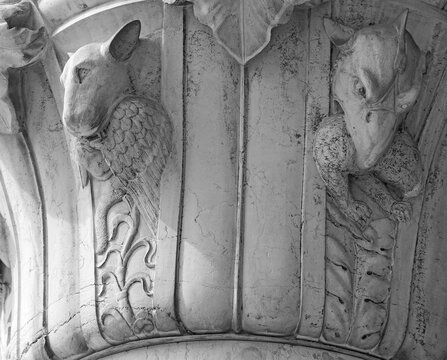 Venice, Italy, Sept. 17, 2023: Medieval carved heads of animals with their prey, including a fox and griffin, decorate a column in the Doge’s Palace portico.