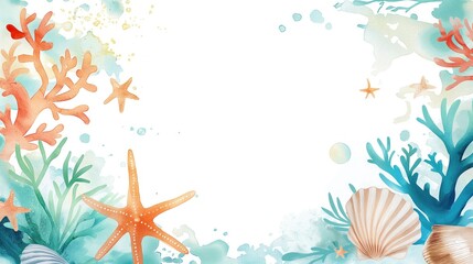 Fond d'écran marin avec des éléments marins en aquarelles dans les coins et un espace blanc au centre pour écrire. Marine wallpaper with watercolor marine elements in the corners.
