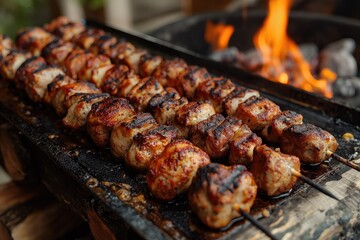 Brochettes de viande sur le grill barbecue en gros plan. Close-up of meat skewers on the barbecue grill.