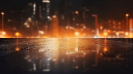 Light effect, blurred background. Wet asphalt, night view of the city, neon reflections on the concrete floor. Night empty stage, studio. Dark abstract background, dark empty street. Night city