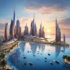 Fotobehang panorama of the future city of night © Enxhon