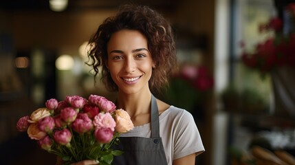 Portrait of beautiful caucasian girl self-employed in flower shop, smiling and looking at camera. Horizontal shape, waist up - obrazy, fototapety, plakaty
