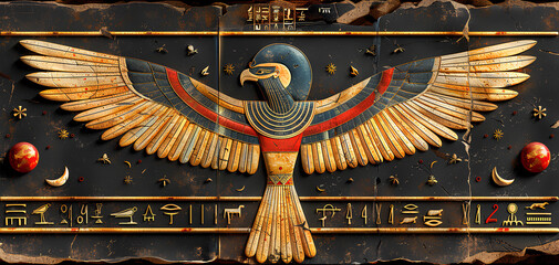 landscape Ancient Bird Egyptian hieroglyphs on ancient background - obrazy, fototapety, plakaty