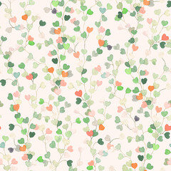 Delicate floral abstract pattern of branches with leaves green and orange color in shape of heart. Watercolor seamless illustration for textile or wallpapers. - 742929830