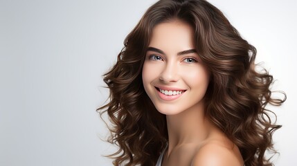Portrait of beautiful naturally brunette woman, smiling and looking confident in camera. Close-up portrait of cute female girl isolated on white background