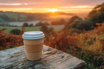  A tumbler with cap stands on an old wooden table in the morning. Coffee at sunrise.