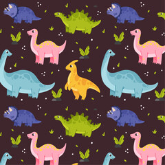 Cute pattern with dinosaurs, different colors, great kids print, for clothing and wrapping paper, on a colored background