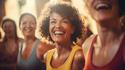 Group of Middle-aged women enjoying a joyful dance class, candidly expressing their active lifestyle through Zumba with friends. - obrazy, fototapety, plakaty