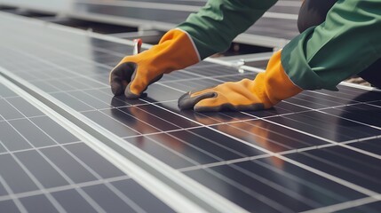Person in Yellow Gloves Working on Solar Panel. Generative AI.