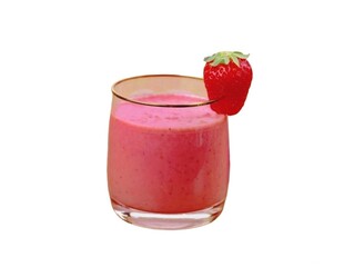 The white background in the picture is a clear glass almost full of red strawberry juice. On the rim of the glass there is a bright red strawberry inserted and used to decorate it for beauty.