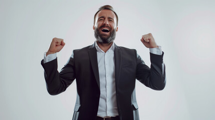 Cheerful young bearded business man show hand up excited with clenched fists. Full length portrait business man isolated over white studio background.
