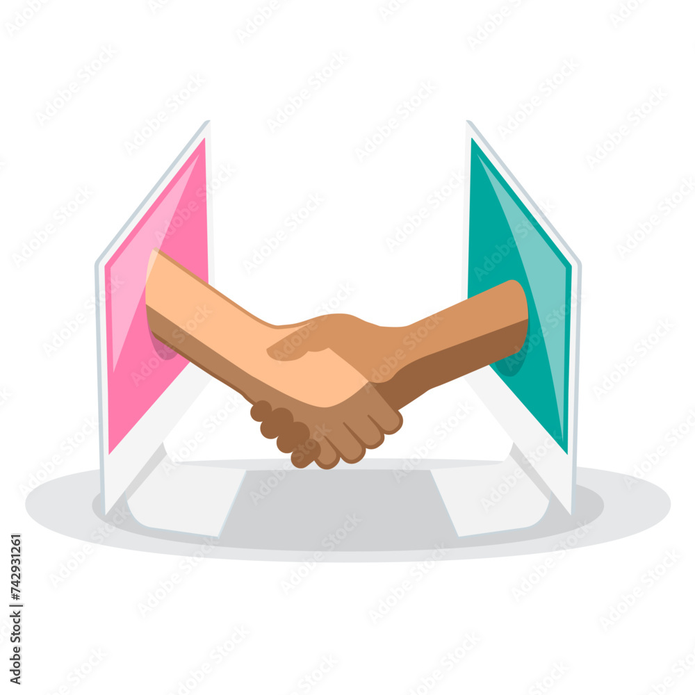 Poster handshake with two computers isolated on white background - remote business contract deal