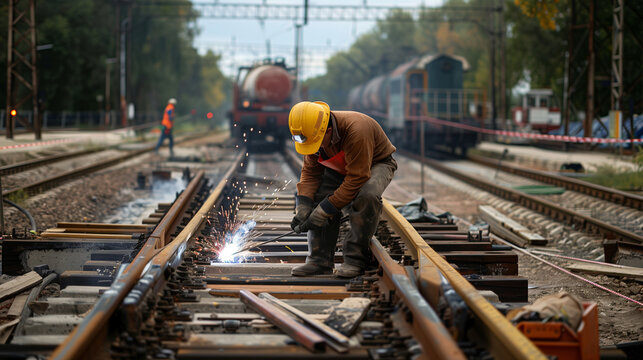 A man in a yellow helmet is seen welding at a track construction site. He is focused on his work, repairing and maintaining the train tracks for safe transportation