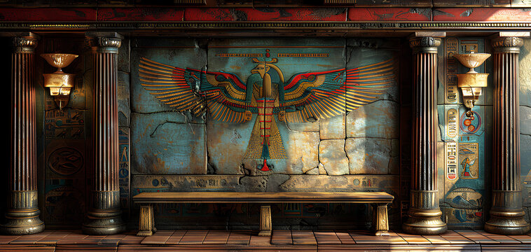 landscape Ancient Bird Egyptian hieroglyphs on ancient background