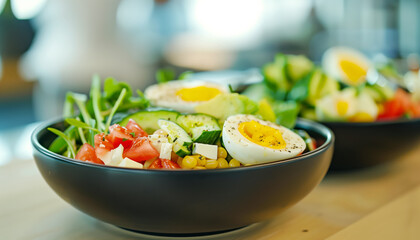 Healthy morning salad with avocado and eggs