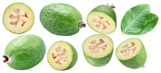 Set of feijoa fruits, leaves and slices of feijoa on white background. File contains clipping paths.