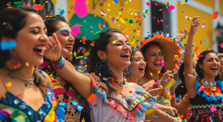 Radiant women adorned in vibrant garments, with beaming faces and joyful spirits, celebrate in a...