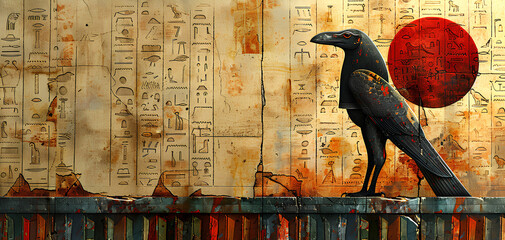 landscape Ancient Bird Egyptian hieroglyphs on ancient background