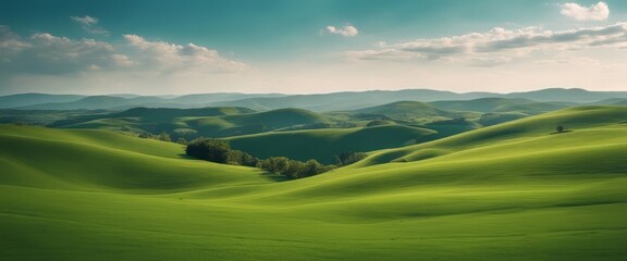 Idyllic Rolling Green Hills Under a Clear Blue Sky with Wispy Clouds. Tranquil Nature Landscape