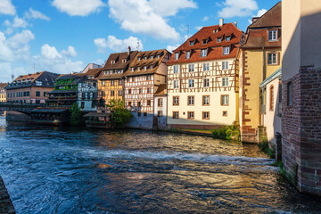 Le Petite France, the most picturesque district of old Strasbourg. Houses with reflection in waters...