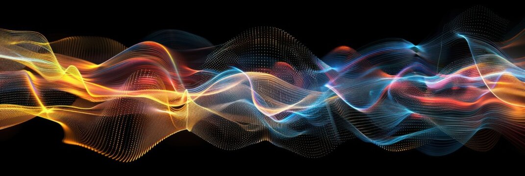 Wavy digital landscape with light particles. Background for technological processes, science, presentations, etc