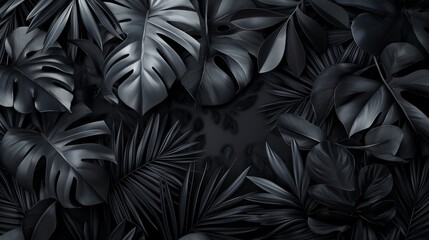 A stylized arrangement of tropical leaves in varying shades of black and gray, set against a dark background. The composition emphasizes the unique shapes
