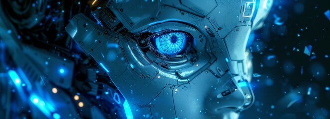 Artificial intelligence robot with blue eyes in a digital background