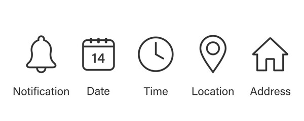 Bell, clock, calendar, location, and address icons symbol.