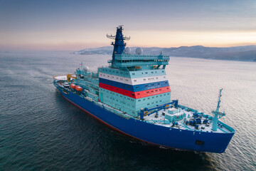 Obraz premium The new Russian nuclear icebreaker project 22220 in the Barents Sea. Murmansk region, Kola Bay.