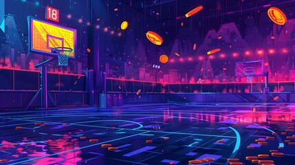 illustration vivid colours style basketball court background