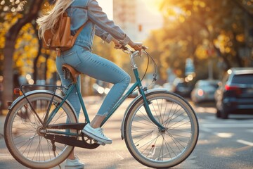 A stylish woman effortlessly navigates the bustling streets on her sleek road bicycle, the spinning wheels and smooth ride reflecting her free spirit and love for outdoor adventures - obrazy, fototapety, plakaty