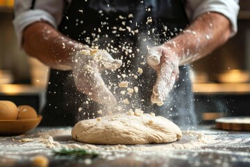 A skilled cook carefully dusts wheat flour onto a mound of dough, creating the perfect base for a delicious homemade bread