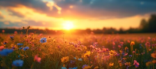 Flowers in a field at sunset