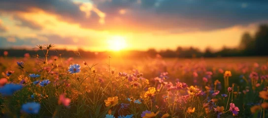 Gordijnen Flowers in a field at sunset © Photo And Art Panda