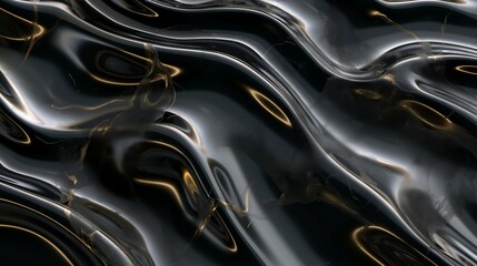 A wallpaper design featuring waves patterned after the smooth, polished surface of onyx stone. The waves have a 3D effect, giving the illusion of movement across the black, glossy background. 8k